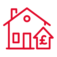 Red house icon with pound price symbol