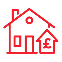 Red house icon with pound price symbol