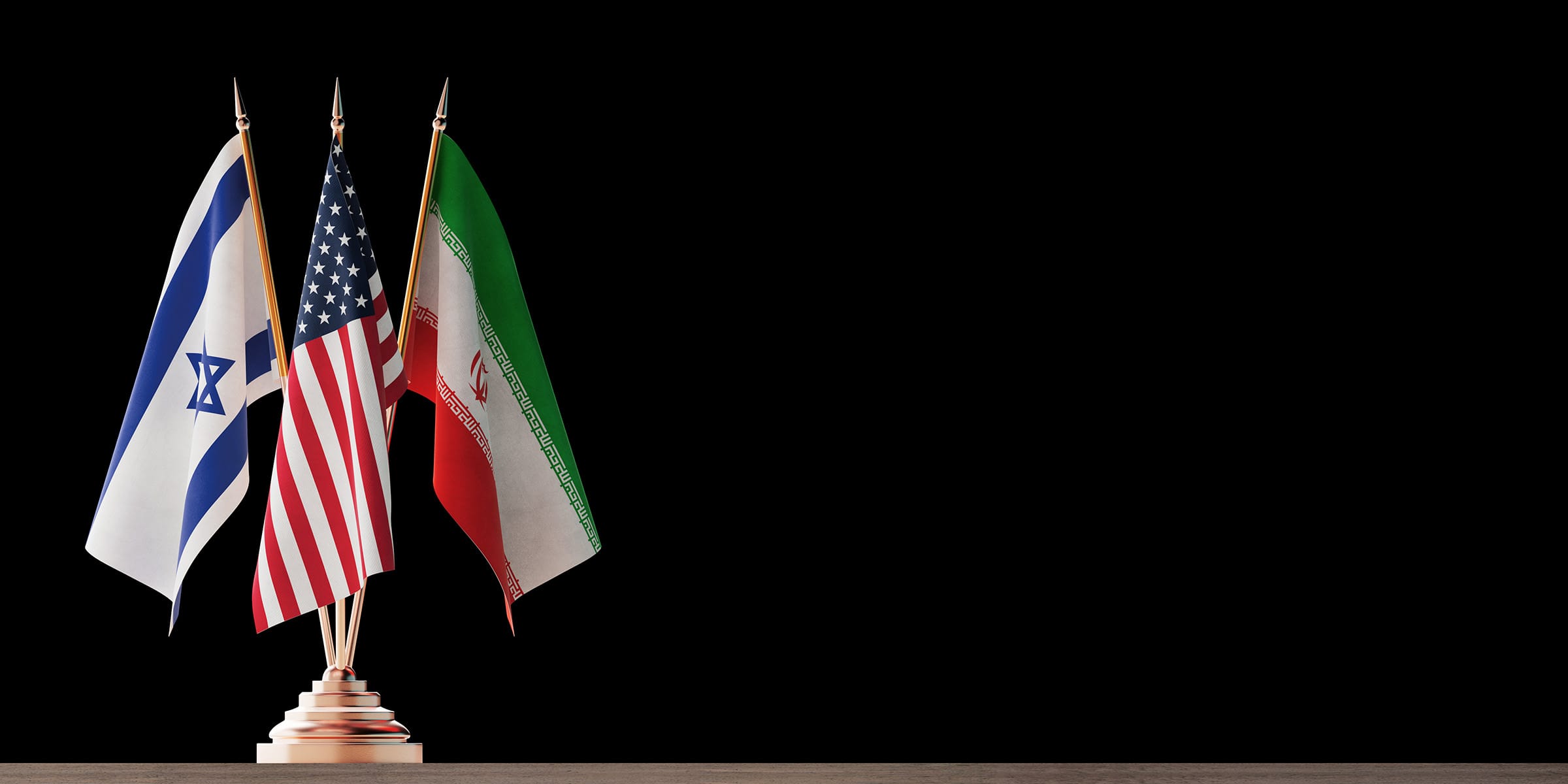 Flags of Israel, USA and Iran on stand