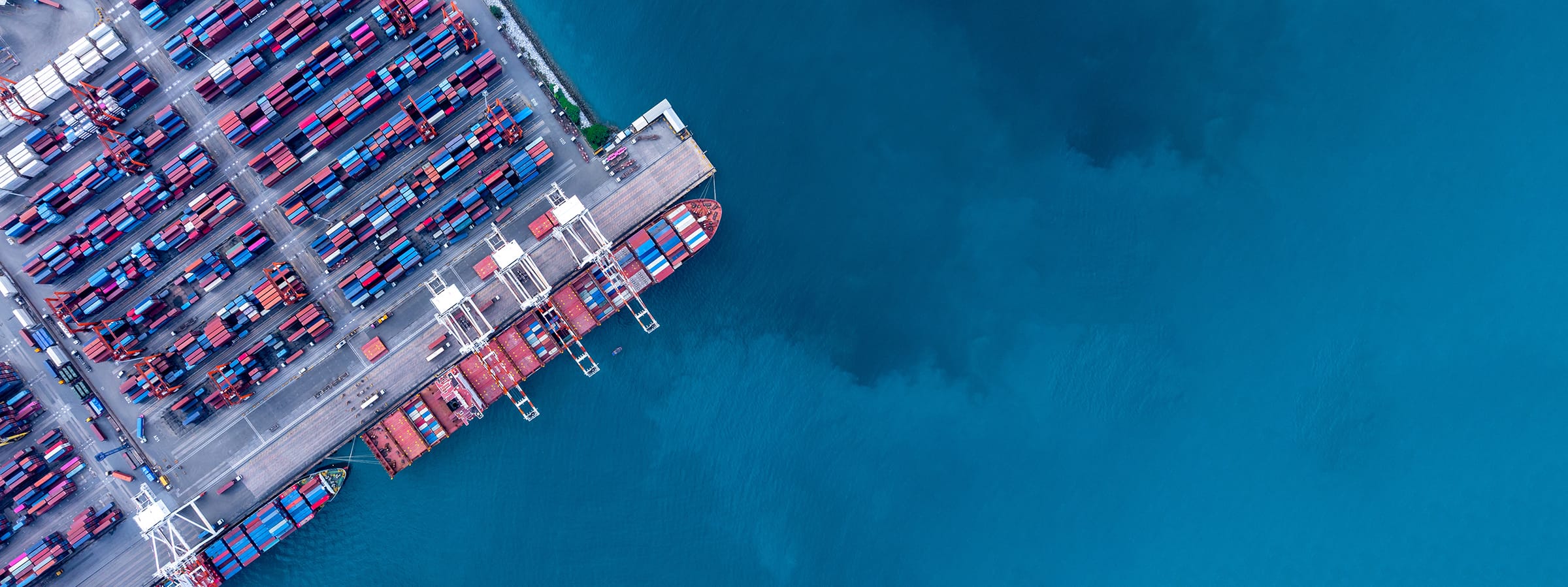 Aerial view of container ship at busy port